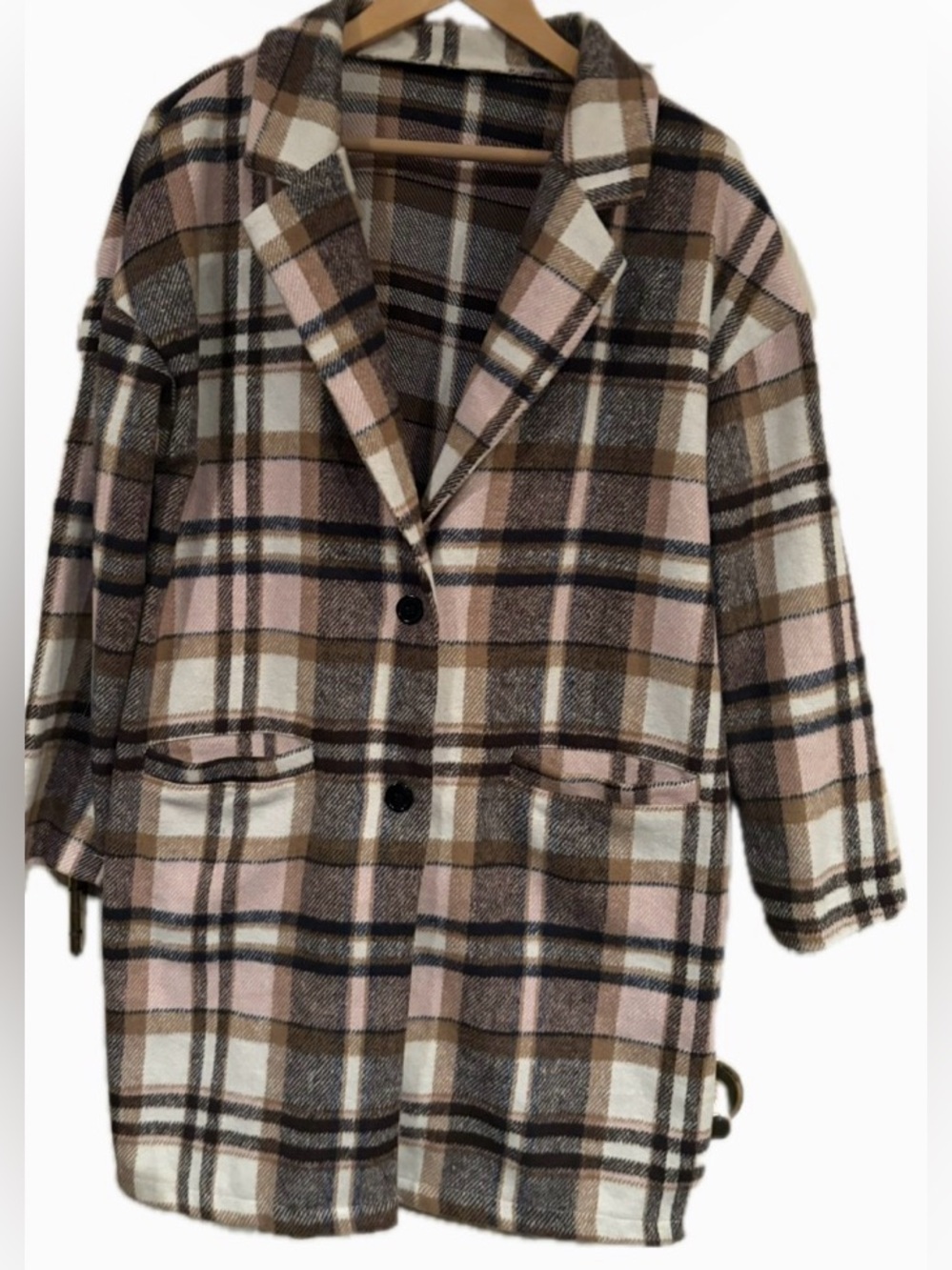 SHEIN Pink Brown Plaid Oversized Coat Jacket Size L
